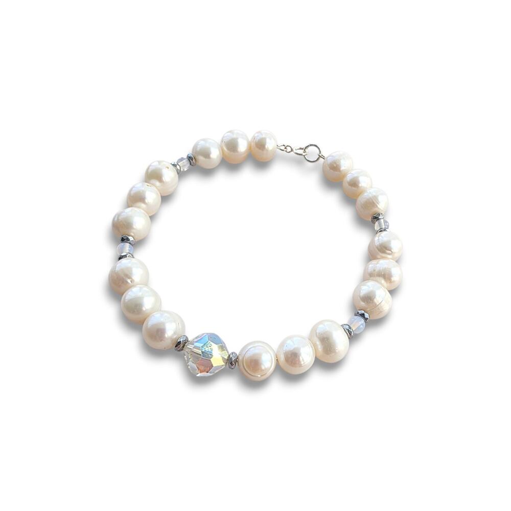 Handmade natural pearl bracelet Sterling Silver 925 Crystal White New Classic